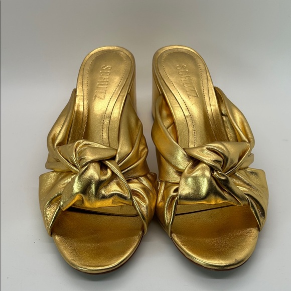 Schutz Dazzling Gold Block Heel Slide Mindy Mules Sandals Shoes **Size 7.5** 🌟🌟 - Picture 2 of 11